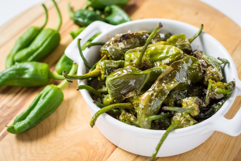 Pimientos,De,Padron.,Padron,Green,Peppers,In,White,Bowl.