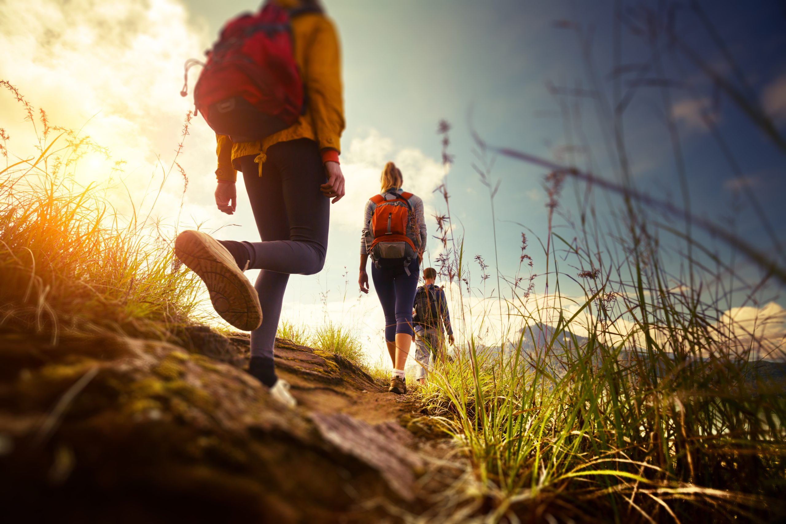 Group of hikers walking in mountains. Edges of the image are blurred