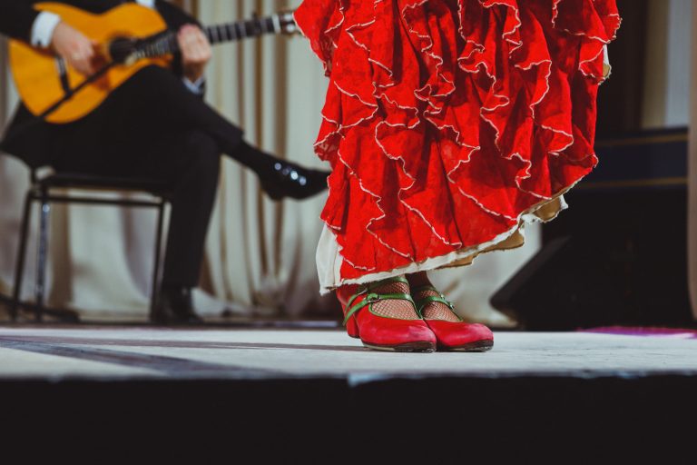 Flamenco,Dancer,Legs,In,Red,Shoes,On,Stage