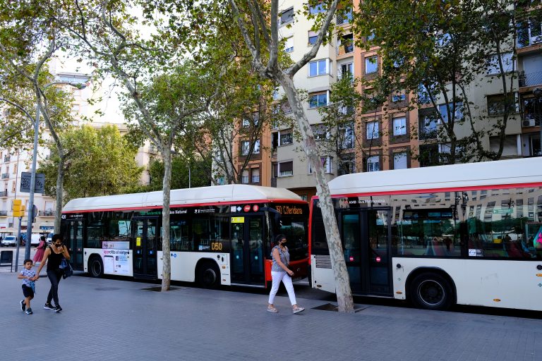 A,Bus,Public,Transportation,In,Street,Of,Barcelona,,Spain,On