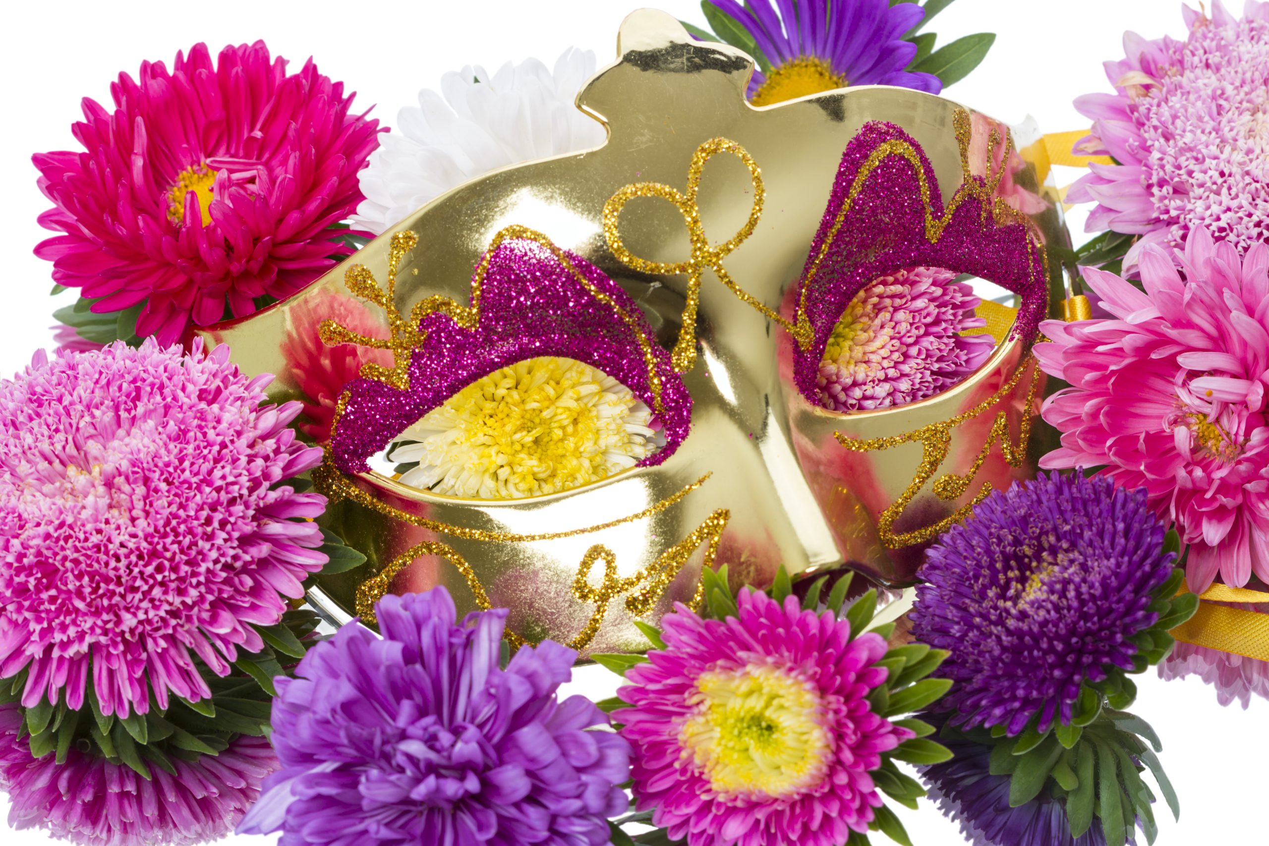 Golden,Carnival,Mask,In,Flowers,Isolated,On,White,Background